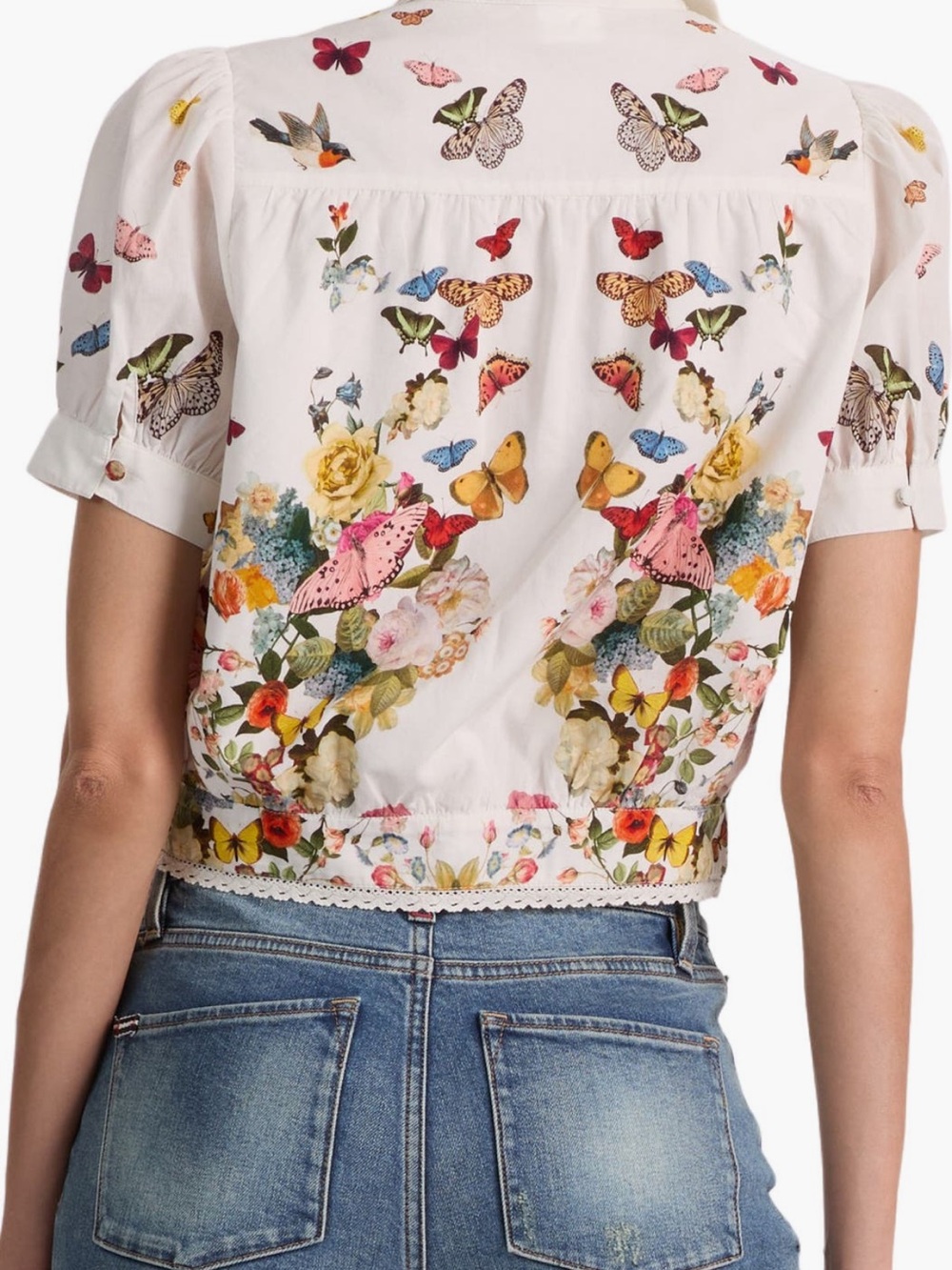 Alice + Olivia White Floral & Butterfly Pintuck Crop Blouse - Picture 2 of 9